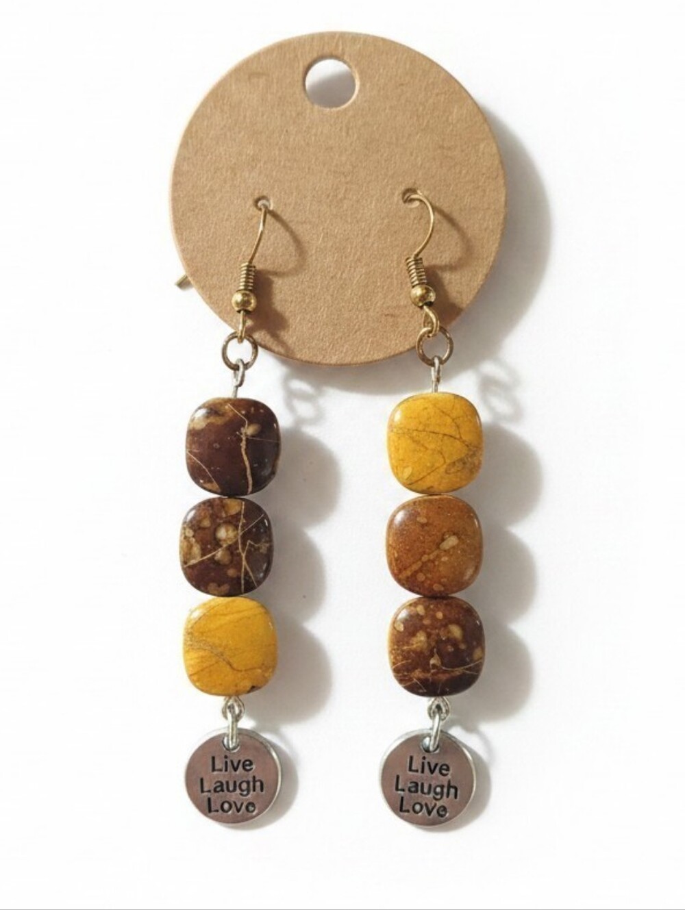 Boho Beaded Dangle Earrings Brown Yellow Live Laugh Love Charm